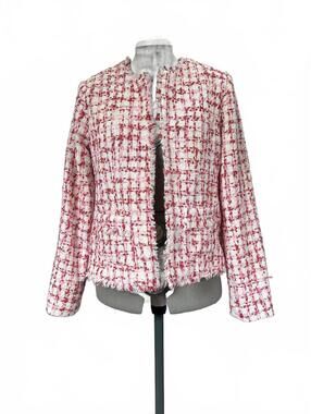 Pink and White Tweed Frayed Edge Blazer with Pearl Buttons